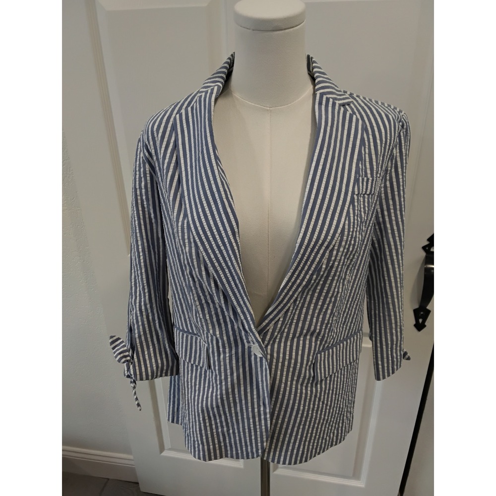 ELLE Striped Seersucker Blazer Jacket Blue White Seersucker Casual Work Size S